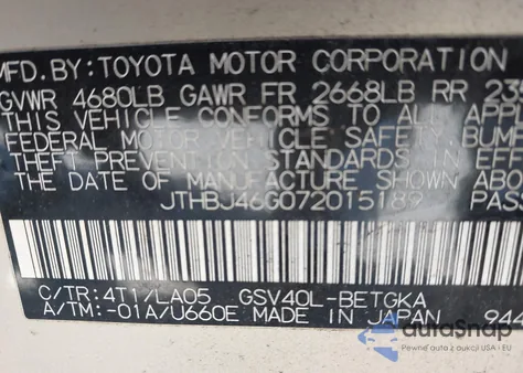 2007 Lexus Es 350 z USA, uszkodzony, nr VIN JTHBJ46G072015189